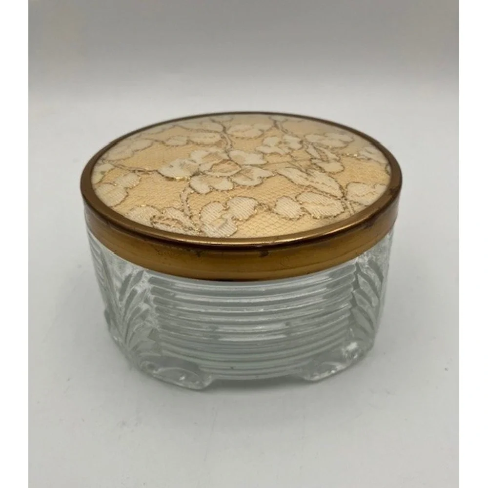 Footed Glass Powder/Trinket Jar Lace Lid Vanity Decor Retro 1930's Style